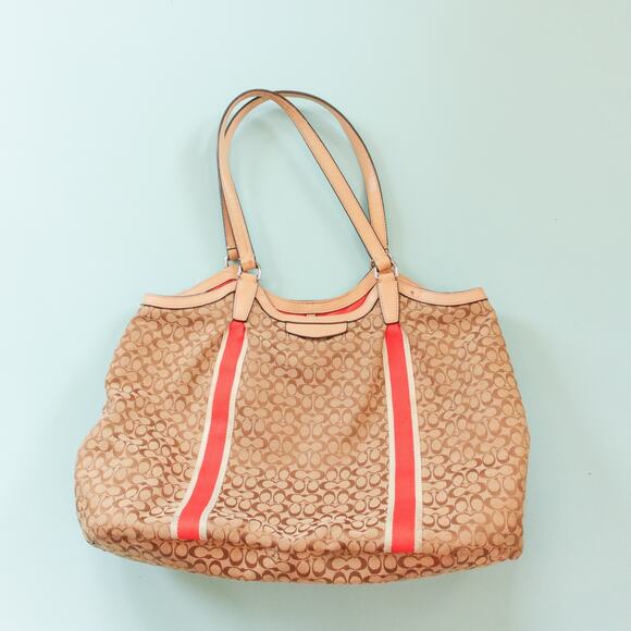 Coach Devin Signature Stripe Orange Top Handle Tote Bag Leather Strap - Picture 1 of 14